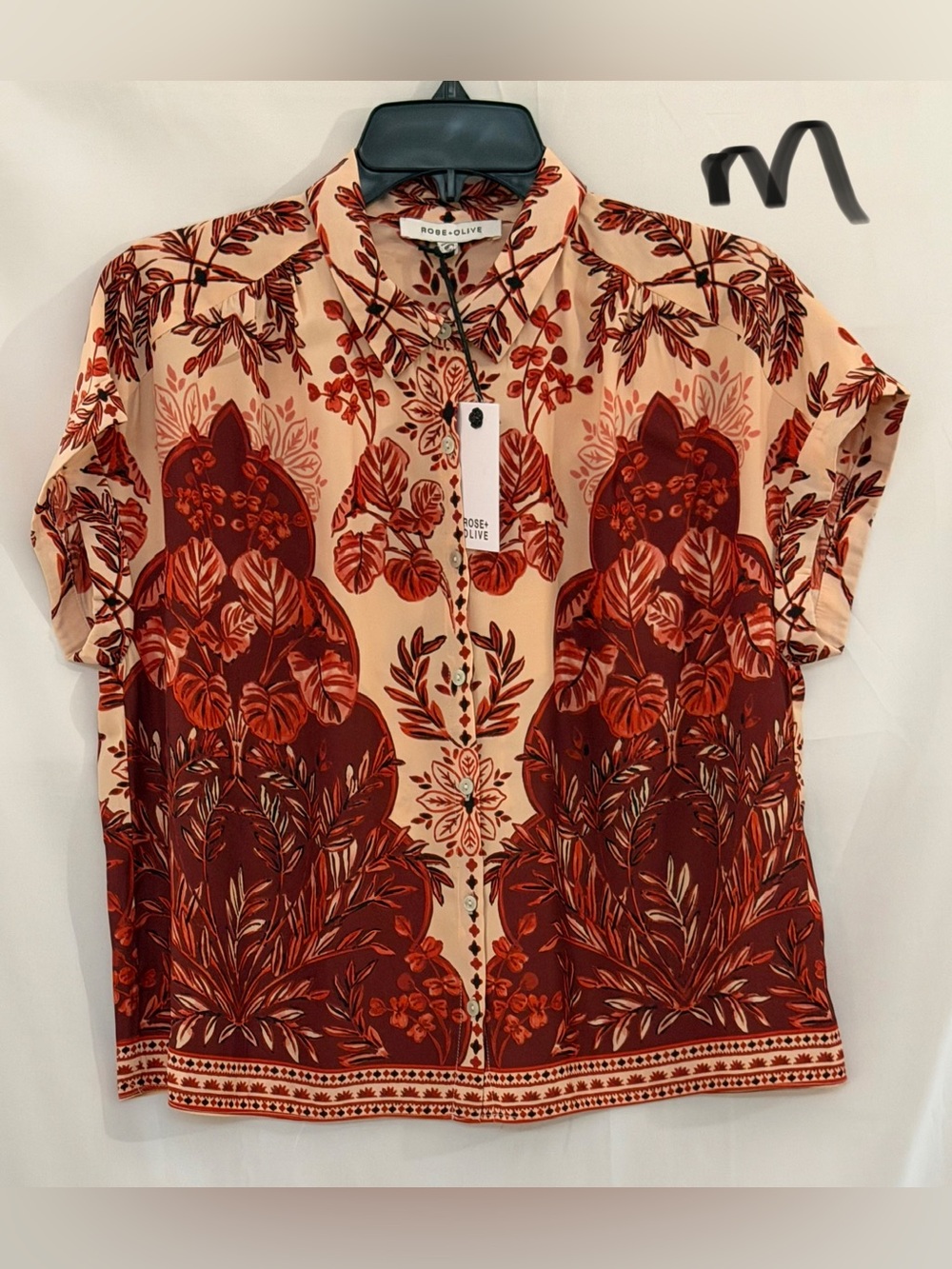 Rose & Olive Cream and Red Floral Short Sleeve Button-Down Shirt